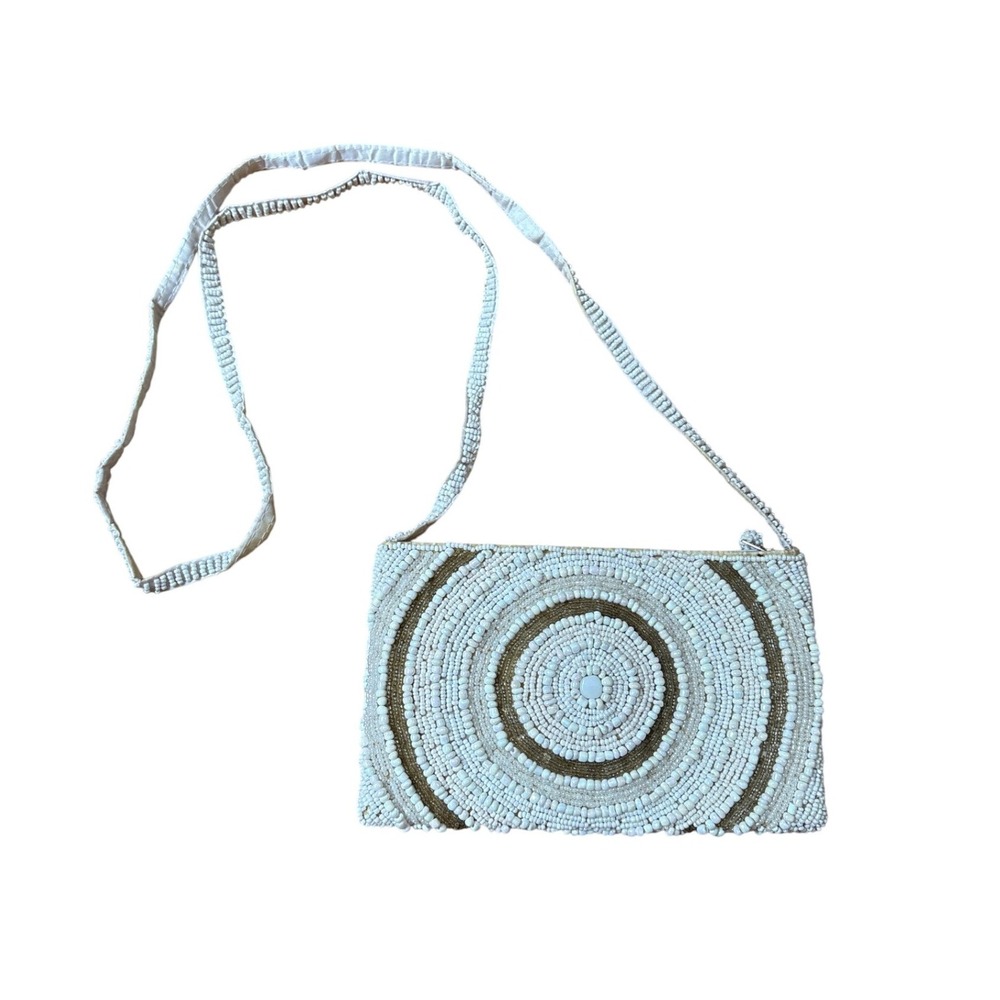 Beaded Crossbody Bag Women White Gold Boho Target Pattern SIZE‎ Small